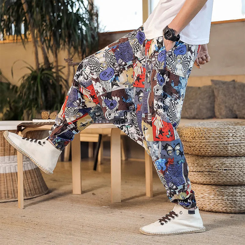 Patterned Loose Fit Trousers with Elastic Waist for Men