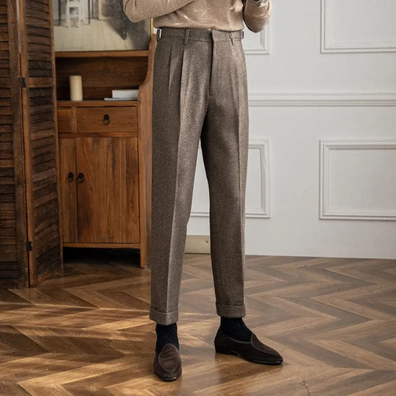 Pleated Tailored Trousers with Adjustable Side Tabs for Men