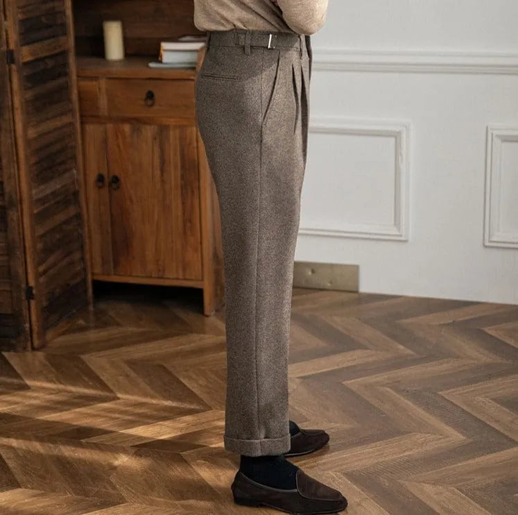 Pleated Tailored Trousers with Adjustable Side Tabs for Men