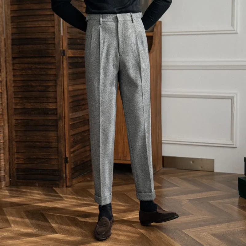 Pleated Tailored Trousers with Adjustable Side Tabs for Men