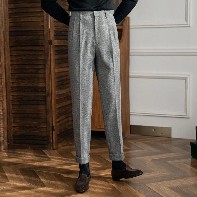 Pleated Tailored Trousers with Adjustable Side Tabs for Men