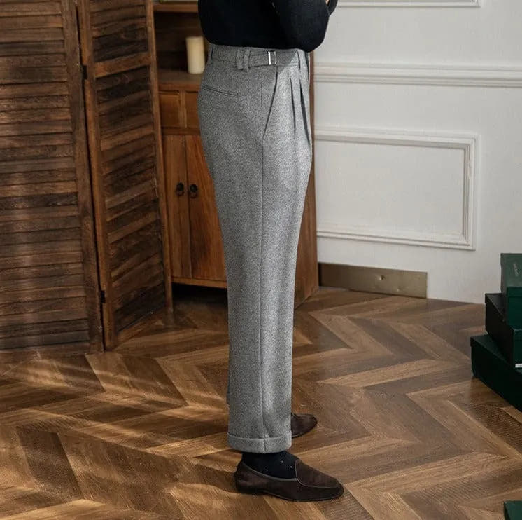 Pleated Tailored Trousers with Adjustable Side Tabs for Men