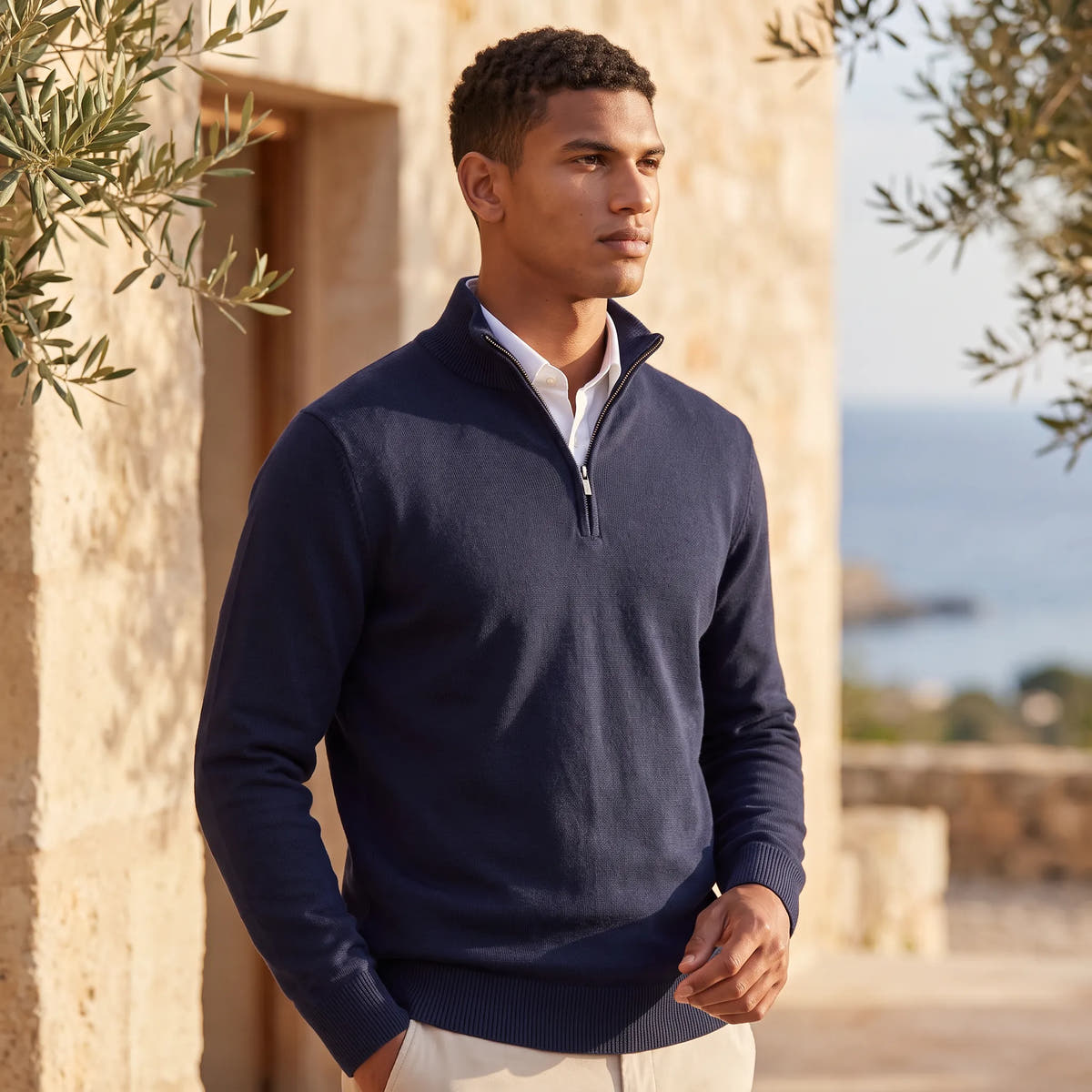 Quarter-Zip Knitted Sweater with Stand Collar for Men