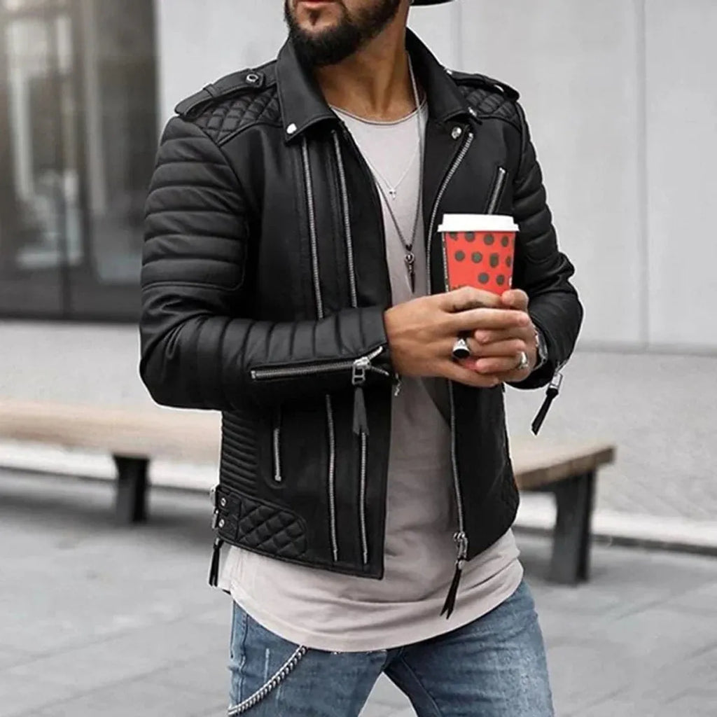 Quilted-Shoulder Faux Leather Biker Jacket for Men