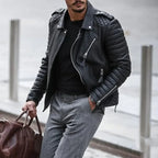 Quilted-Shoulder Faux Leather Biker Jacket for Men
