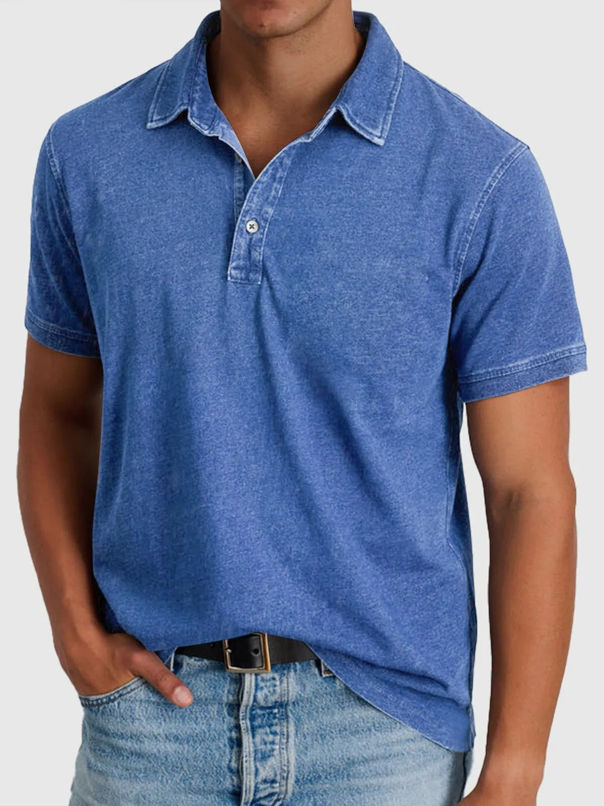 Regular Fit Cotton-Denim Short Sleeve Polo Shirt for Men