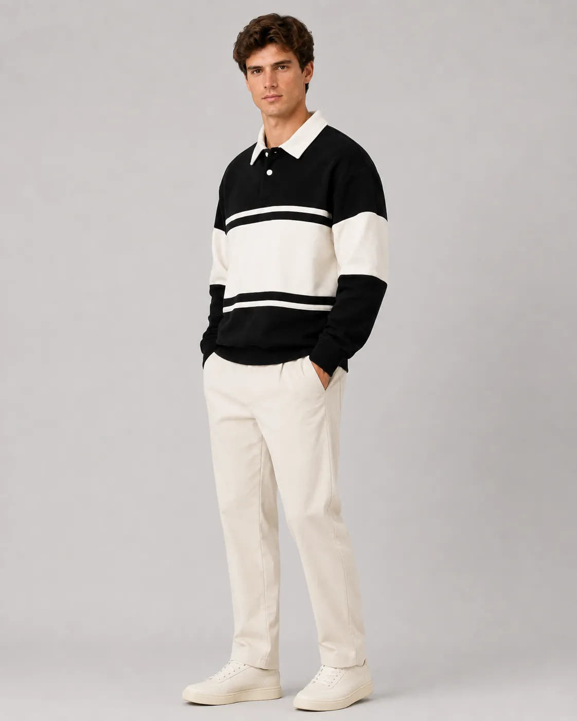 Relaxed Fit Color Block Rugby Polo Sweater for Men