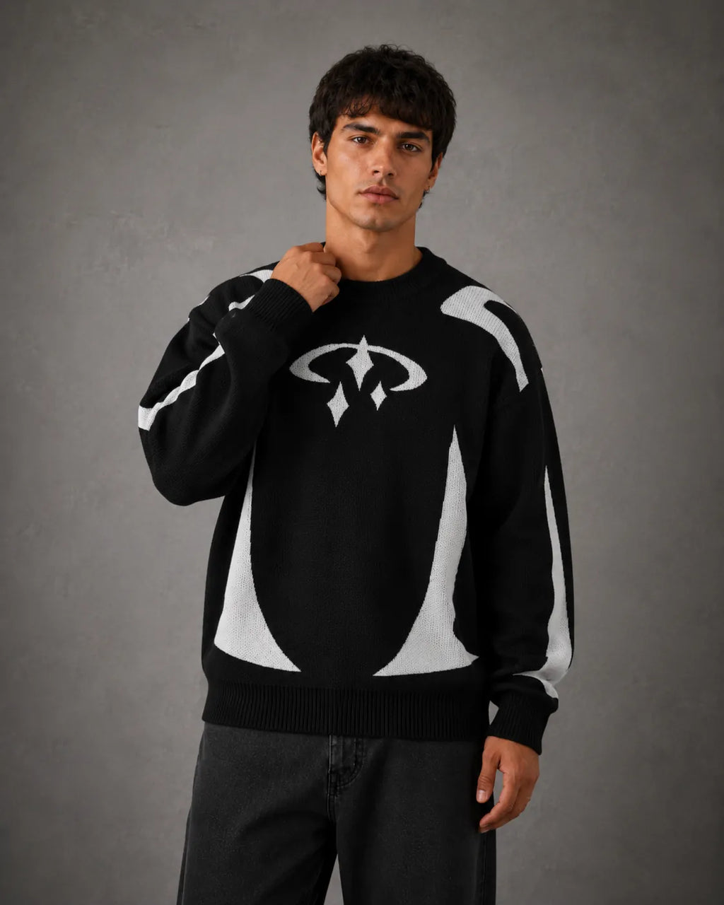 Relaxed-Fit Drop-Shoulder Graphic Knit Sweater for Men
