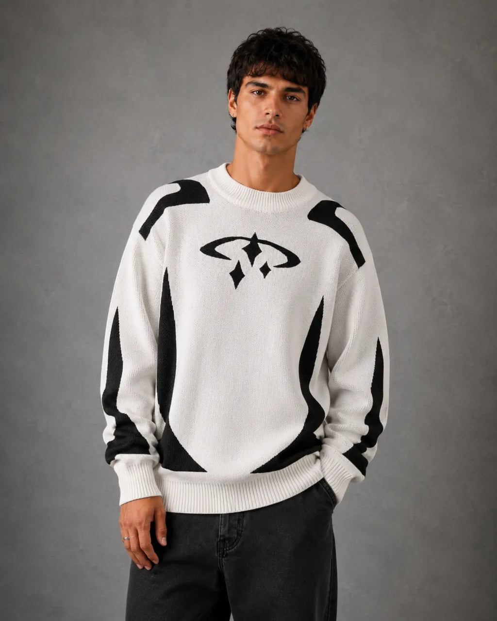 Relaxed-Fit Drop-Shoulder Graphic Knit Sweater for Men