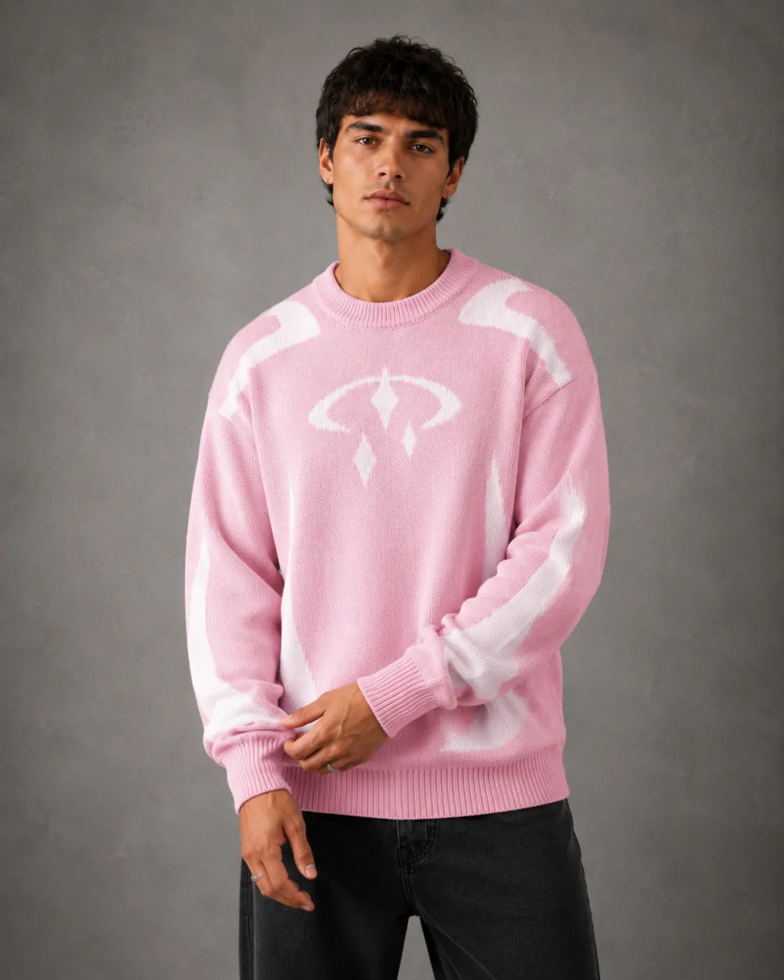 Relaxed-Fit Drop-Shoulder Graphic Knit Sweater for Men