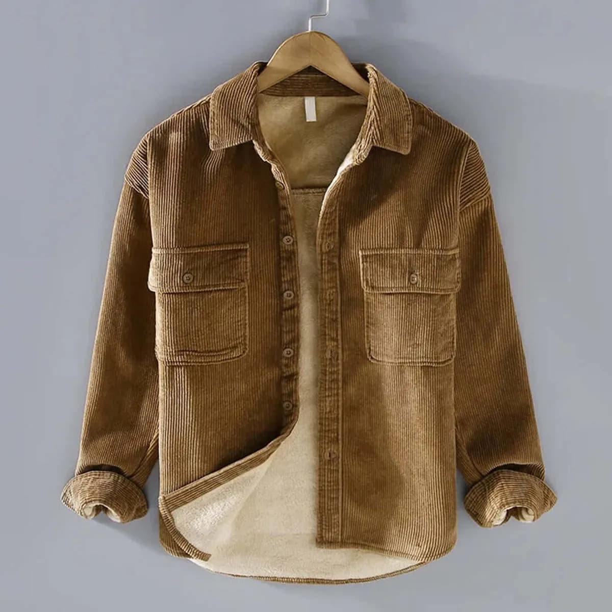 Relaxed Fleece-Lined Corduroy Shacket Jacket for Men