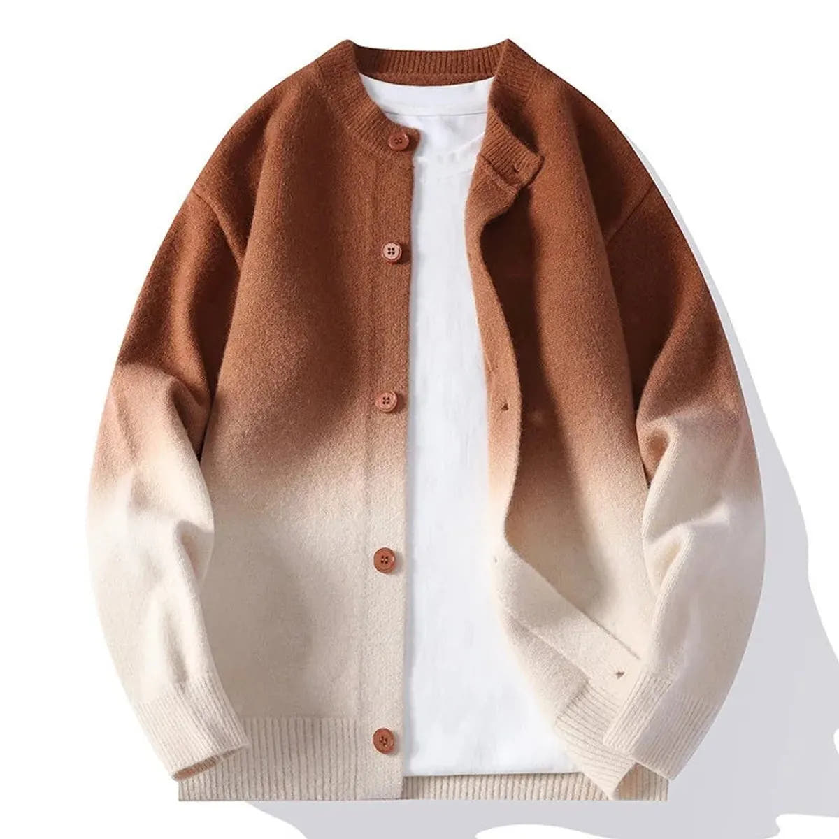 Ribbed-Crew Relaxed Knit Button-Up Cardigan for Men