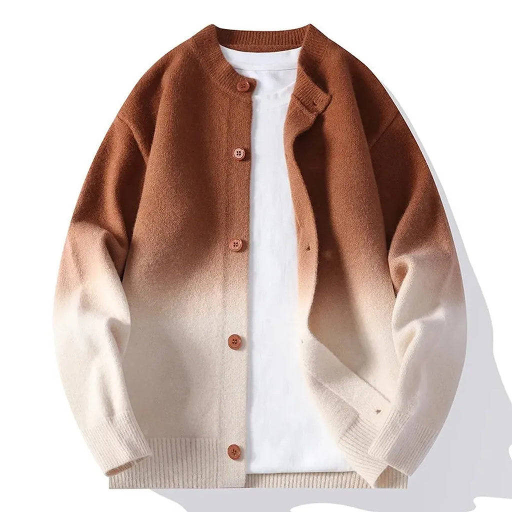 Ribbed-Crew Relaxed Knit Button-Up Cardigan for Men