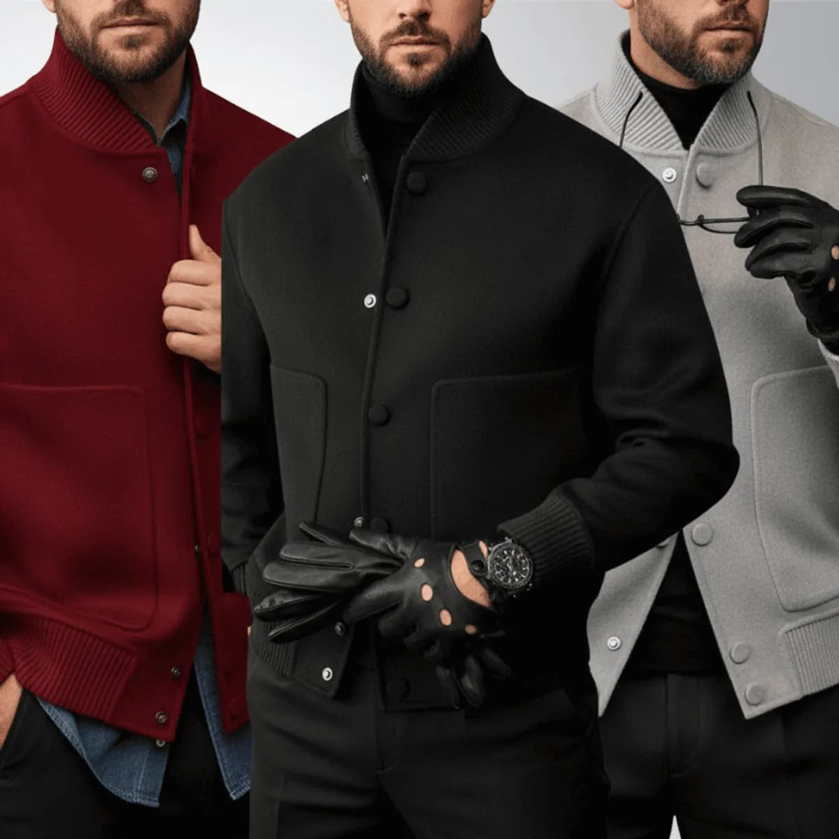 Ribbed-Cuff Textured Bomber Jacket with Stand Collar for Men