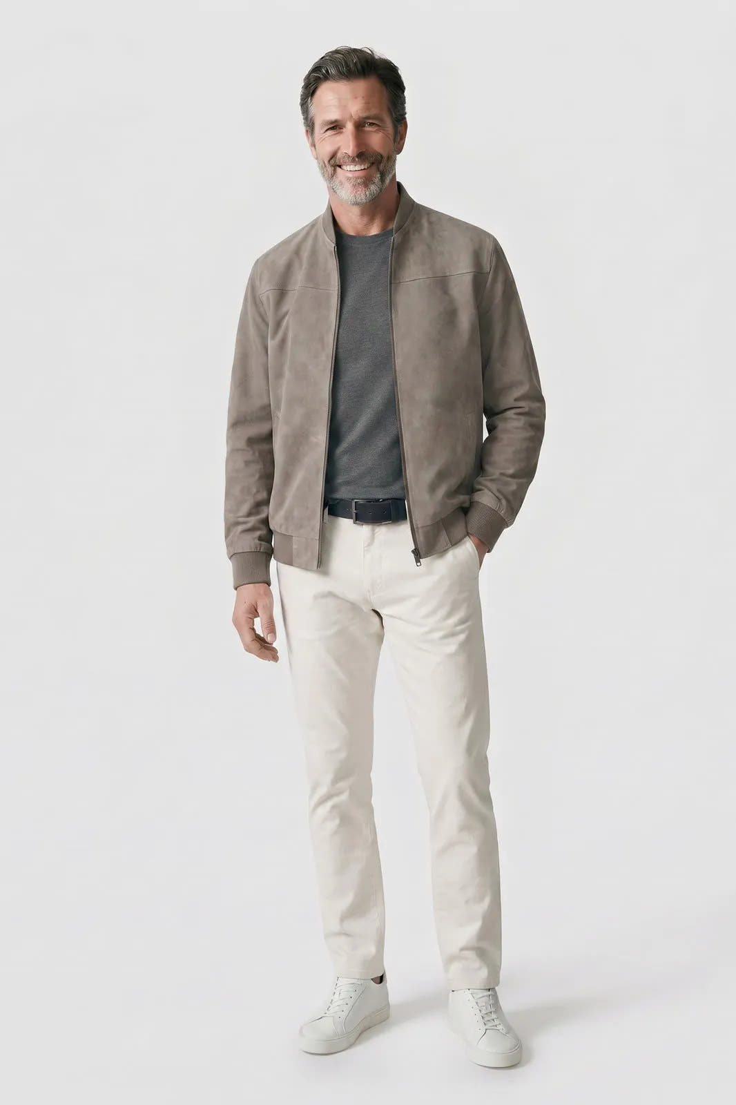 Ribbed Stand Collar Zip-Front Bomber Jacket for Men