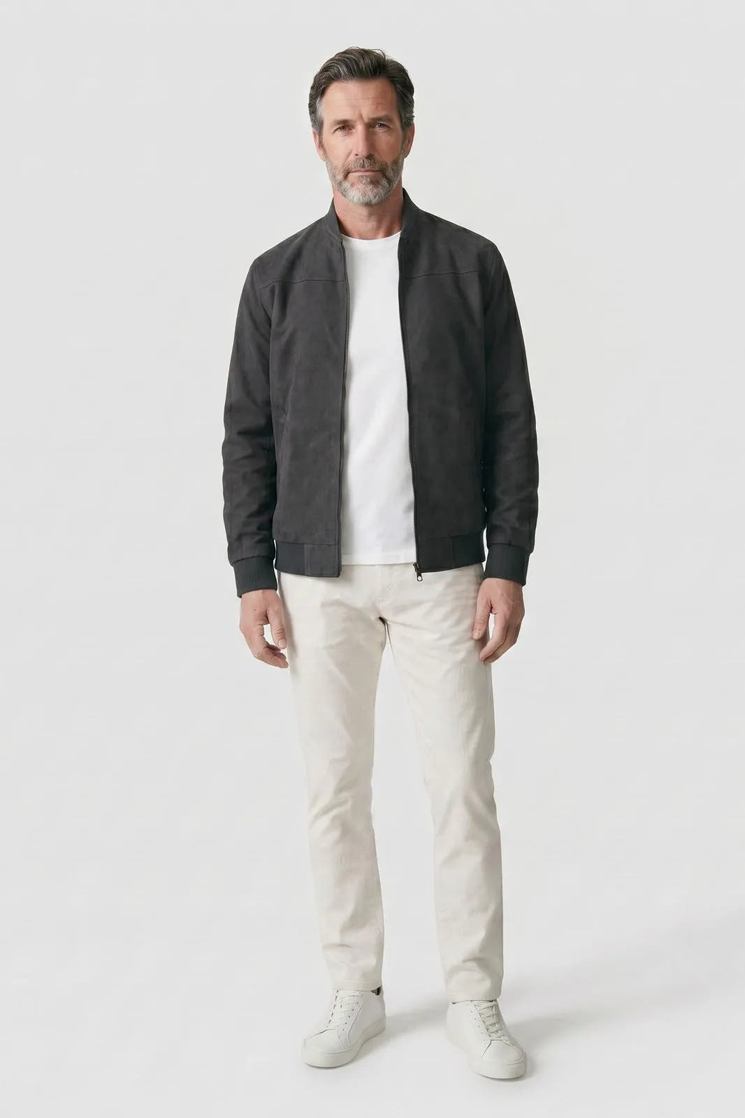 Ribbed Stand Collar Zip-Front Bomber Jacket for Men