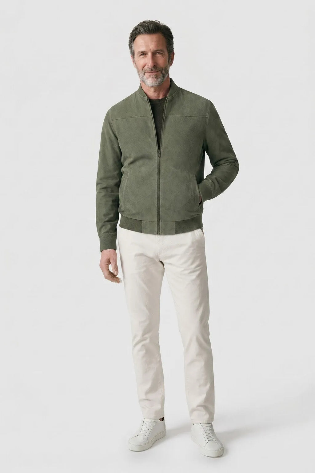 Ribbed Stand Collar Zip-Front Bomber Jacket for Men
