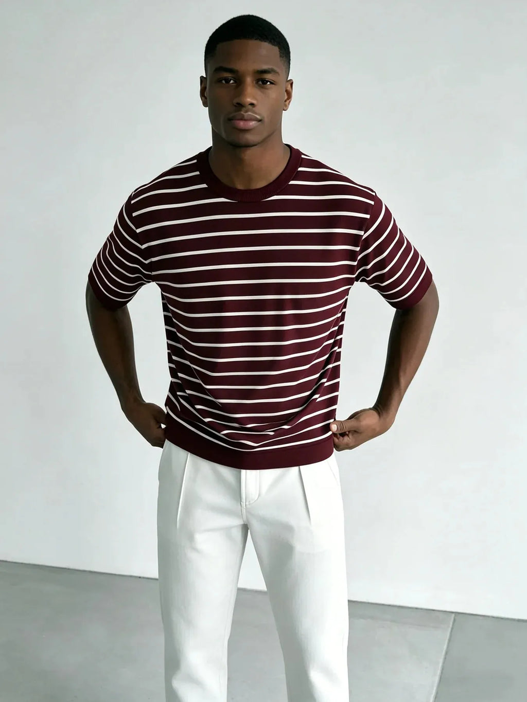 Short-Sleeve Striped Knit T-Shirt with Round Neck for Men