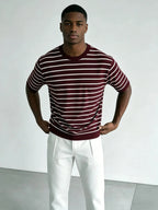 Short-Sleeve Striped Knit T-Shirt with Round Neck for Men