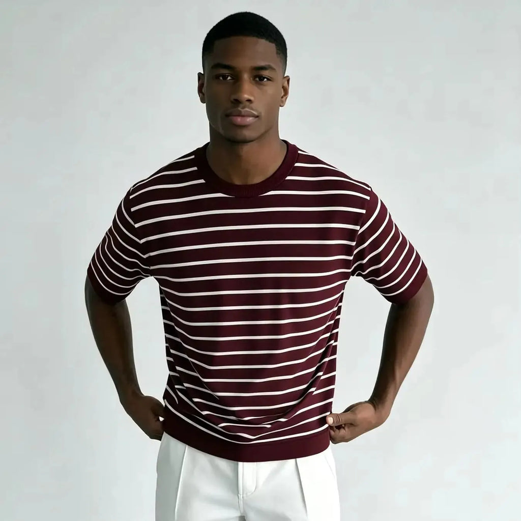 Short-Sleeve Striped Knit T-Shirt with Round Neck for Men