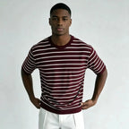 Short-Sleeve Striped Knit T-Shirt with Round Neck for Men