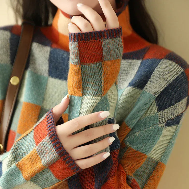 Sibyl | Women's Check-Pattern Stand-Collar Sweater