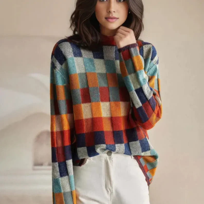Sibyl | Women's Check-Pattern Stand-Collar Sweater