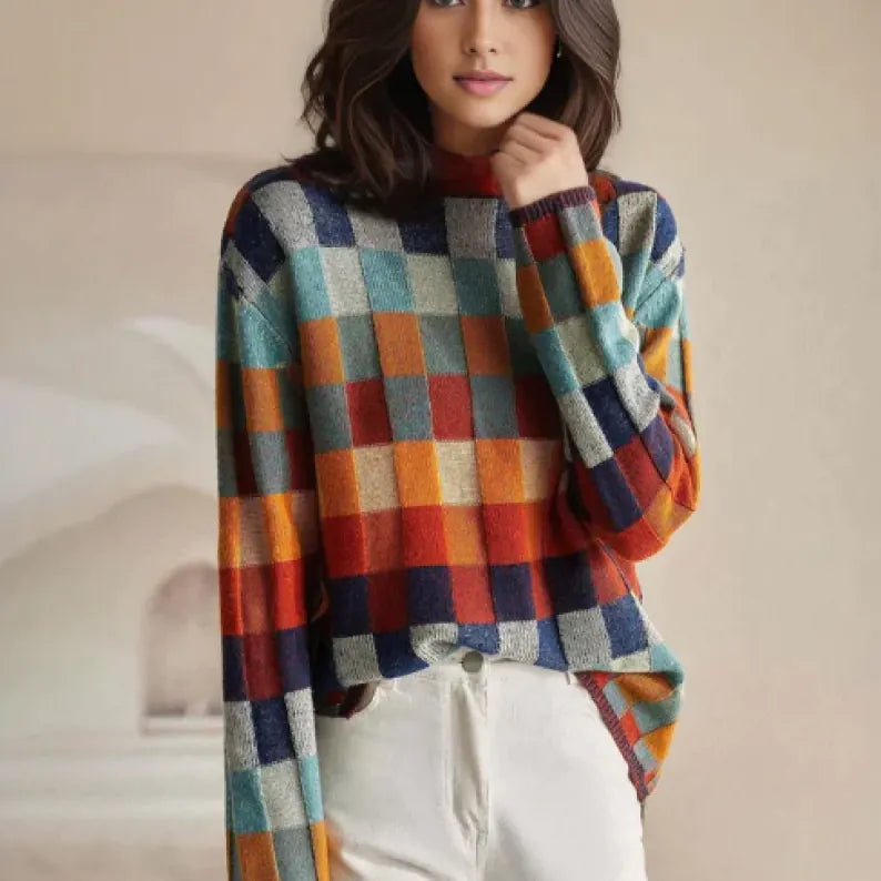 Sibyl | Women's Check-Pattern Stand-Collar Sweater