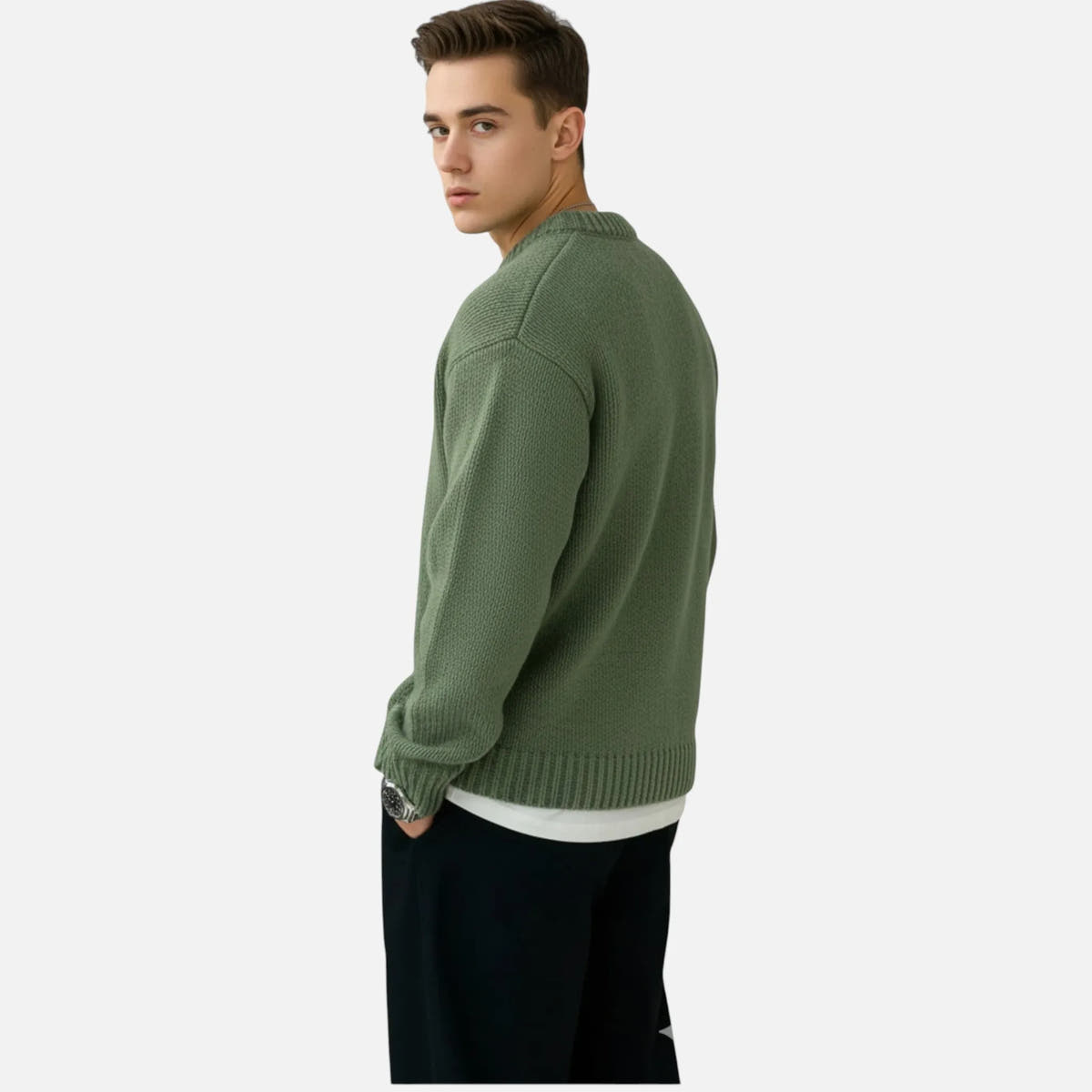 Slightly Stretchy Solid Crew Neck Pullover for Men
