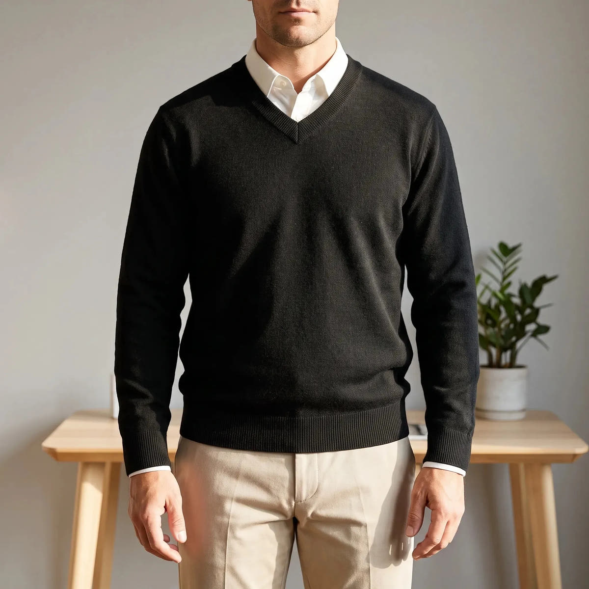 Slim Fit V-Neck Jumper with Ribbed Trim for Men