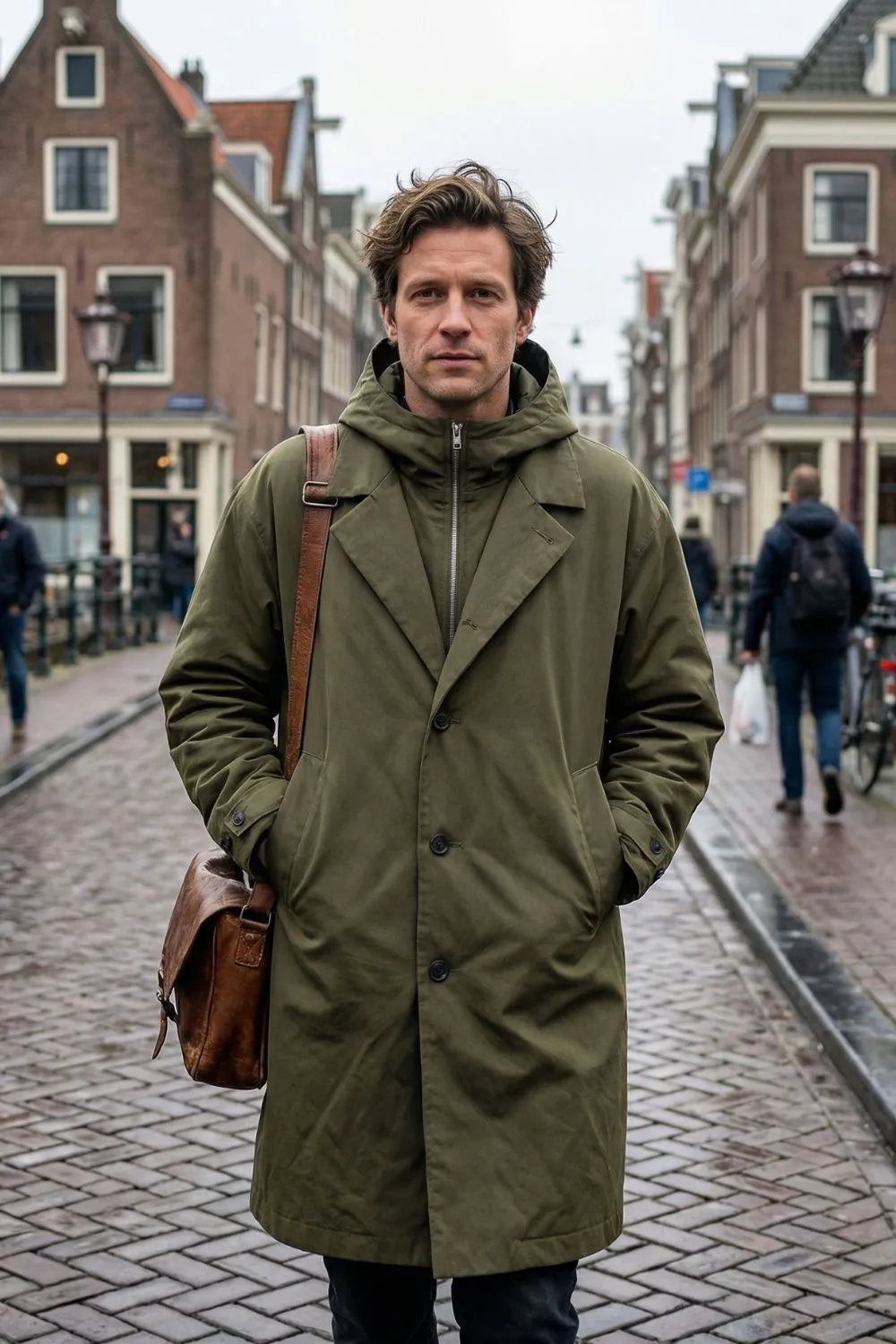 Straight-Fit Hooded Coat with Notched Collar for Men