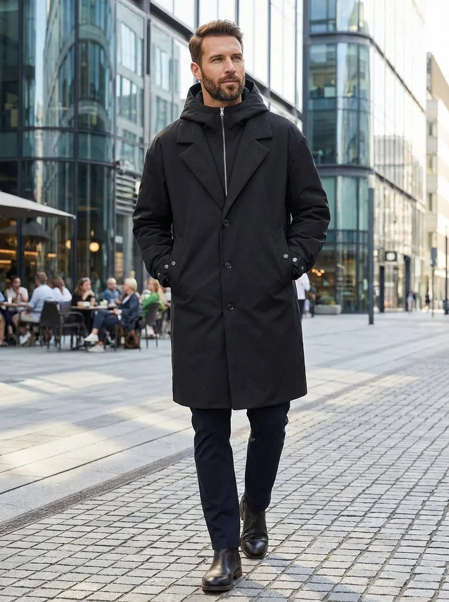 Straight-Fit Hooded Coat with Notched Collar for Men