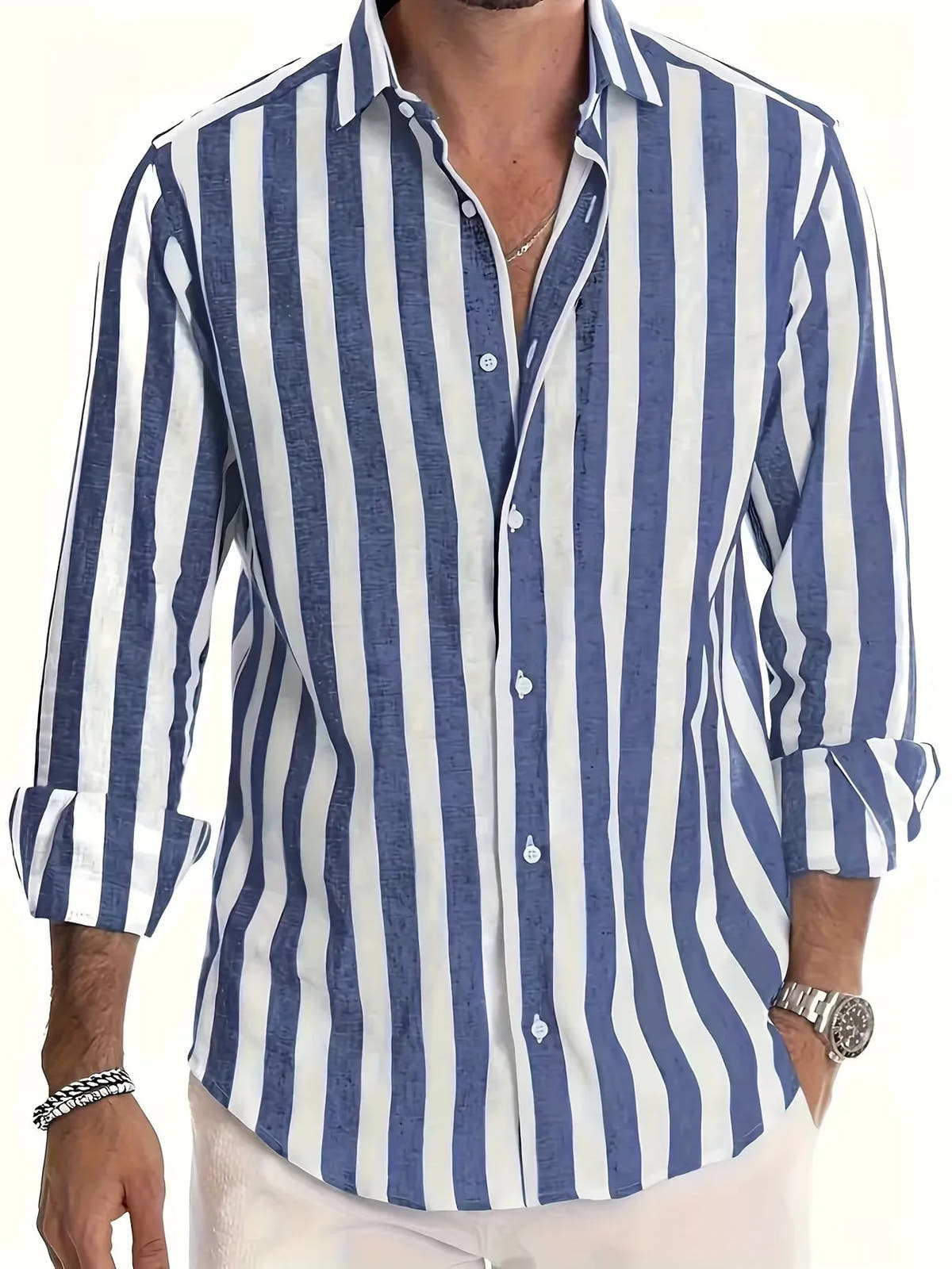 Striped Lightweight Long Sleeve Button-Up Shirt for Men