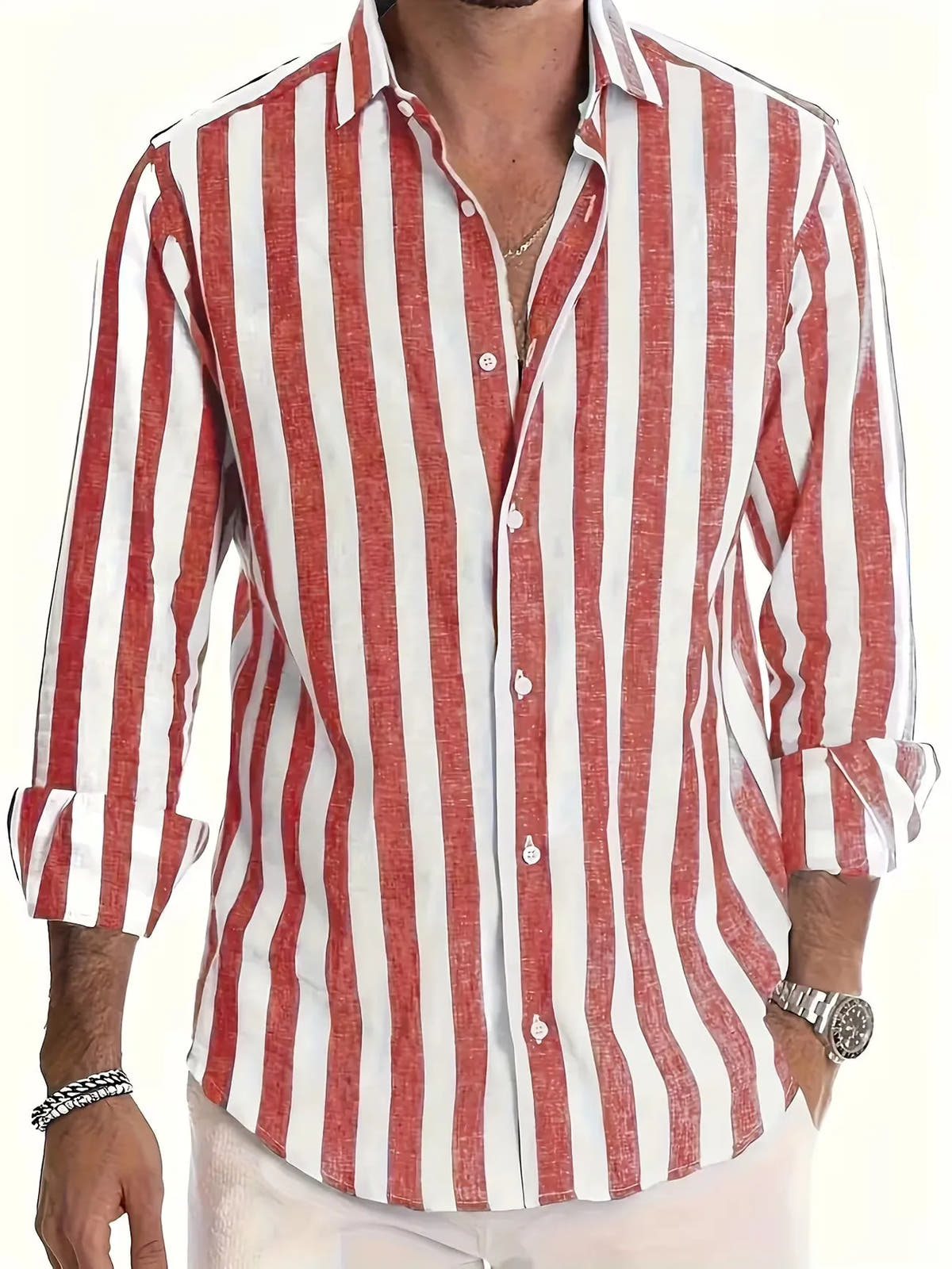 Striped Lightweight Long Sleeve Button-Up Shirt for Men
