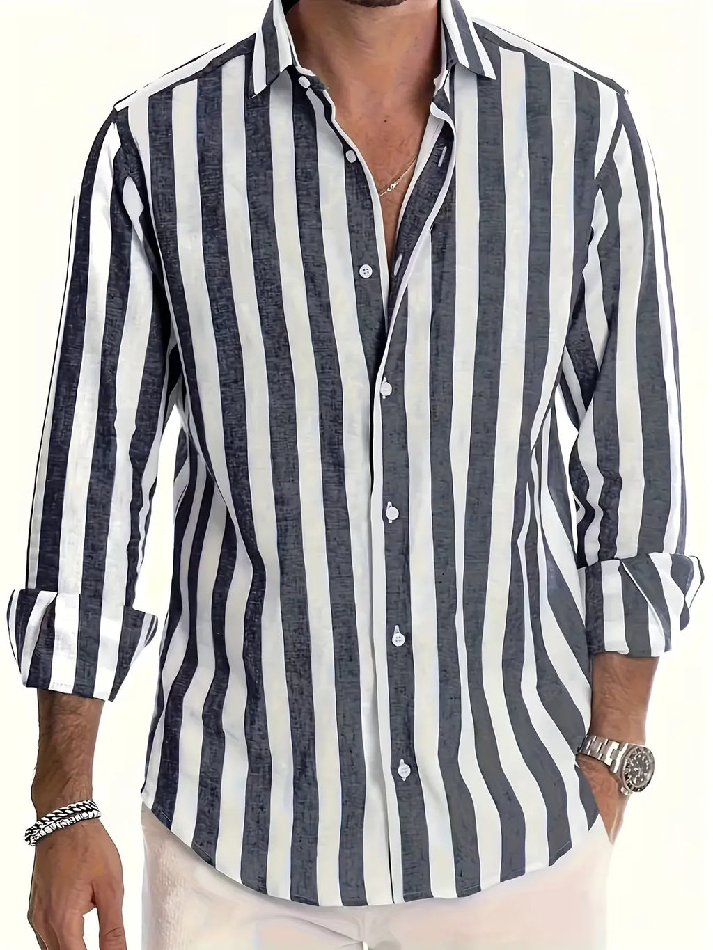 Striped Lightweight Long Sleeve Button-Up Shirt for Men