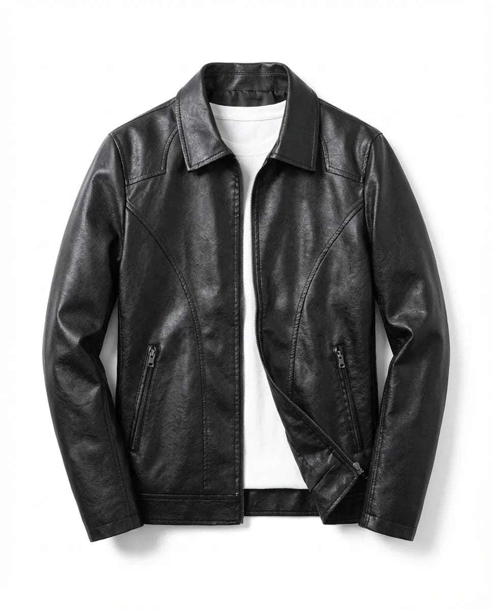Tailored Zip-Up Faux Leather Biker Jacket for Men