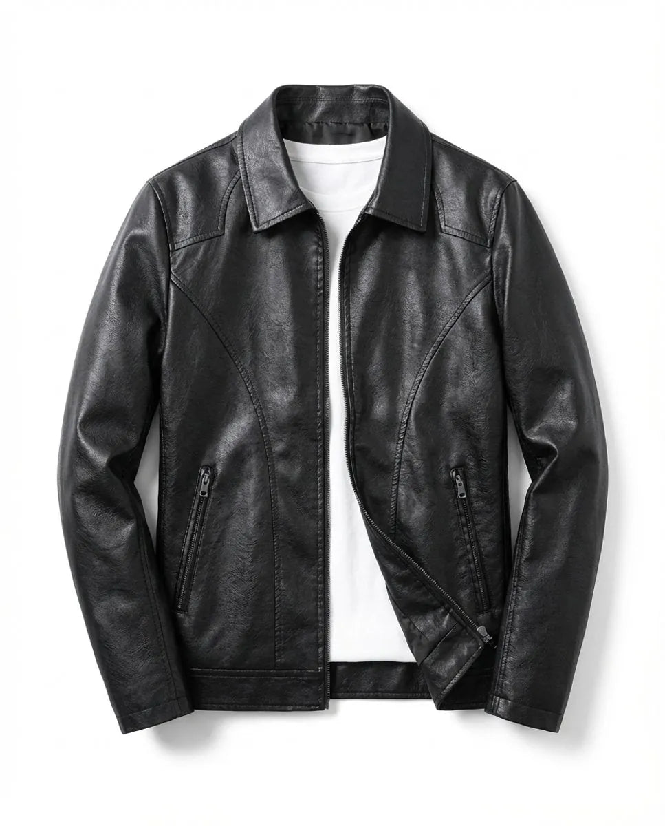 Tailored Zip-Up Faux Leather Biker Jacket for Men