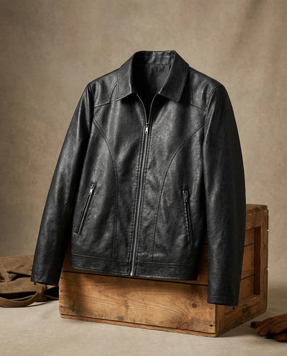 Tailored Zip-Up Faux Leather Biker Jacket for Men