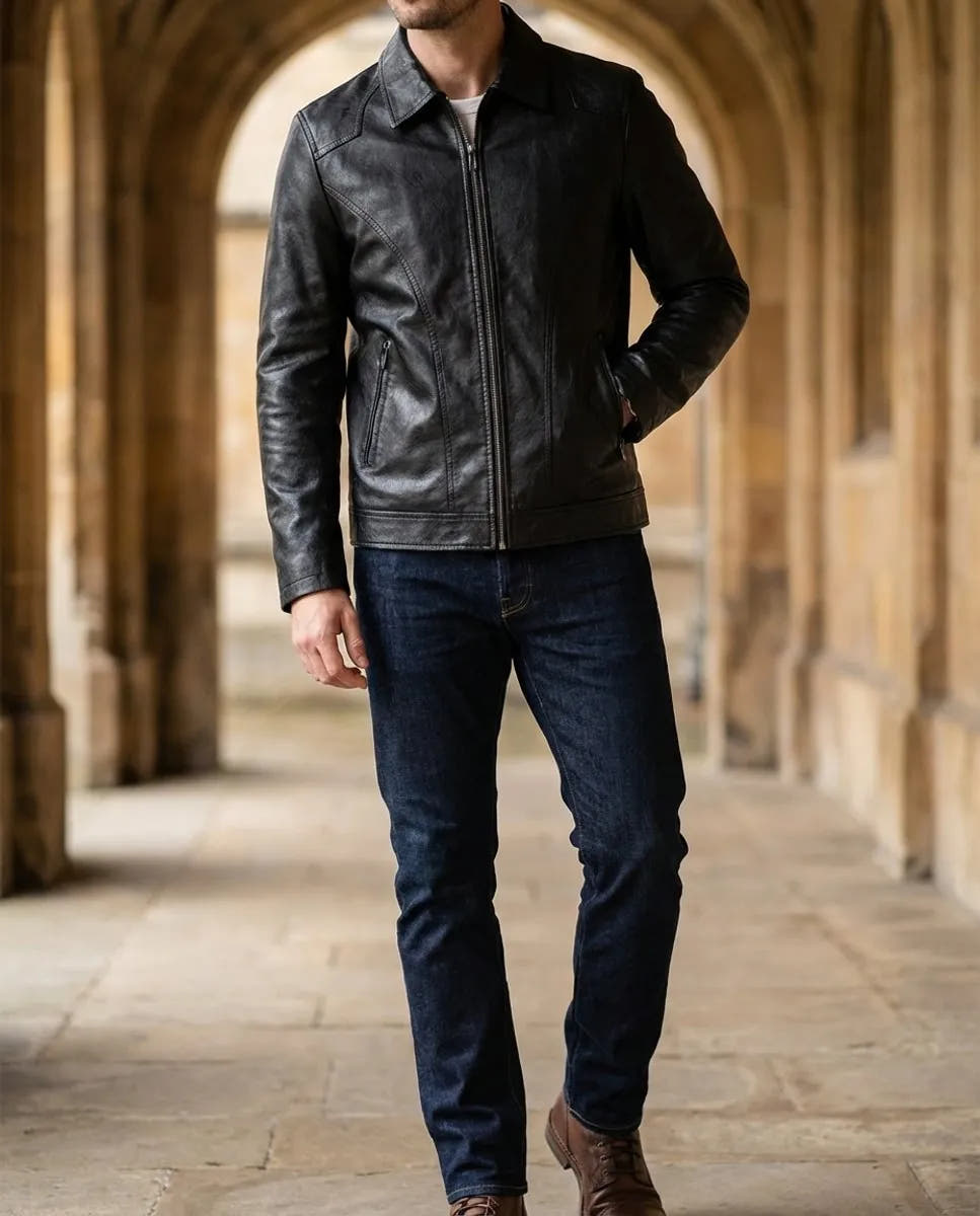 Tailored Zip-Up Faux Leather Biker Jacket for Men