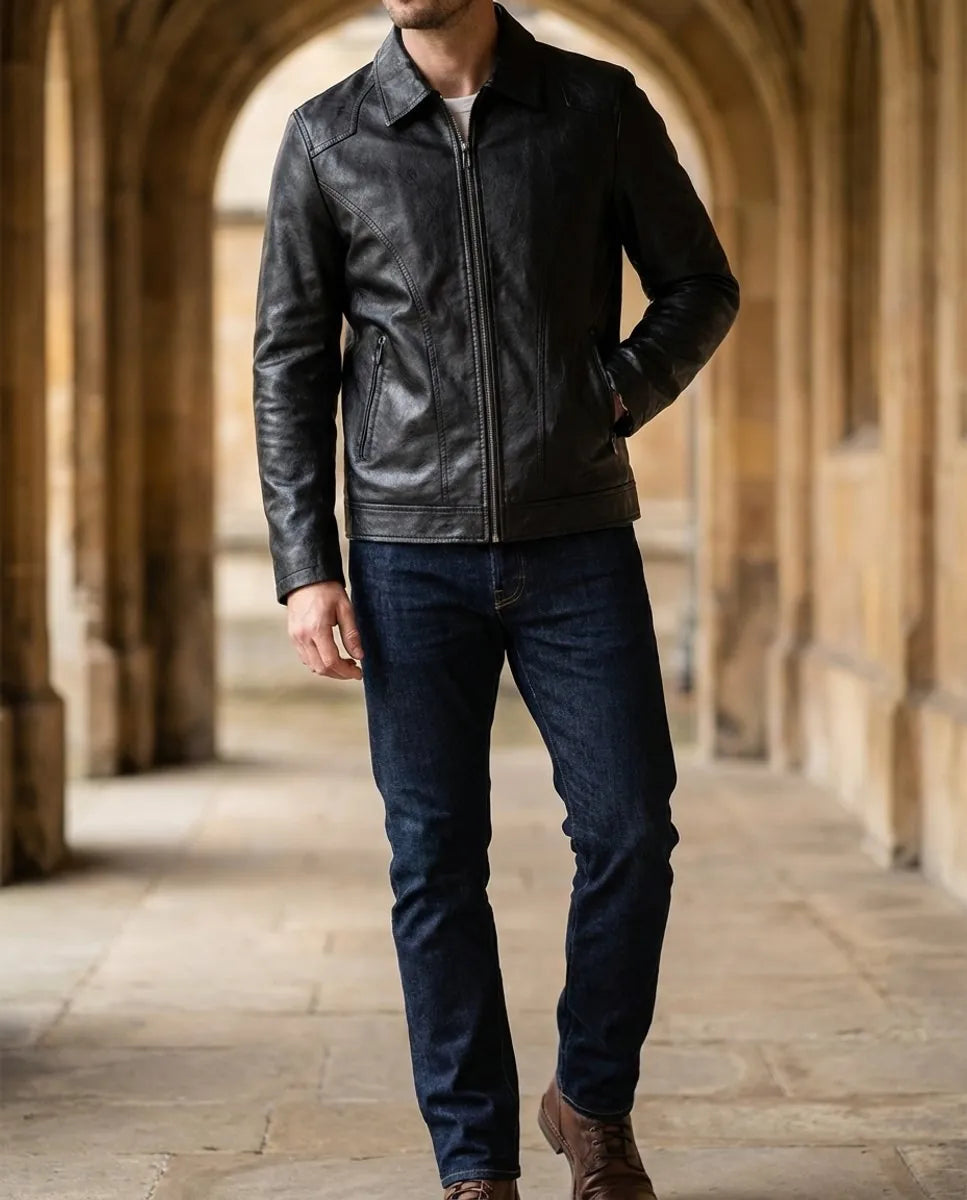 Tailored Zip-Up Faux Leather Biker Jacket for Men