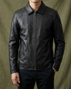 Tailored Zip-Up Faux Leather Biker Jacket for Men