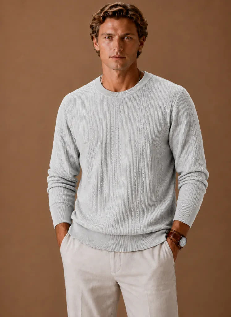 Textured Crew Neck Cable Knit Pullover for Men
