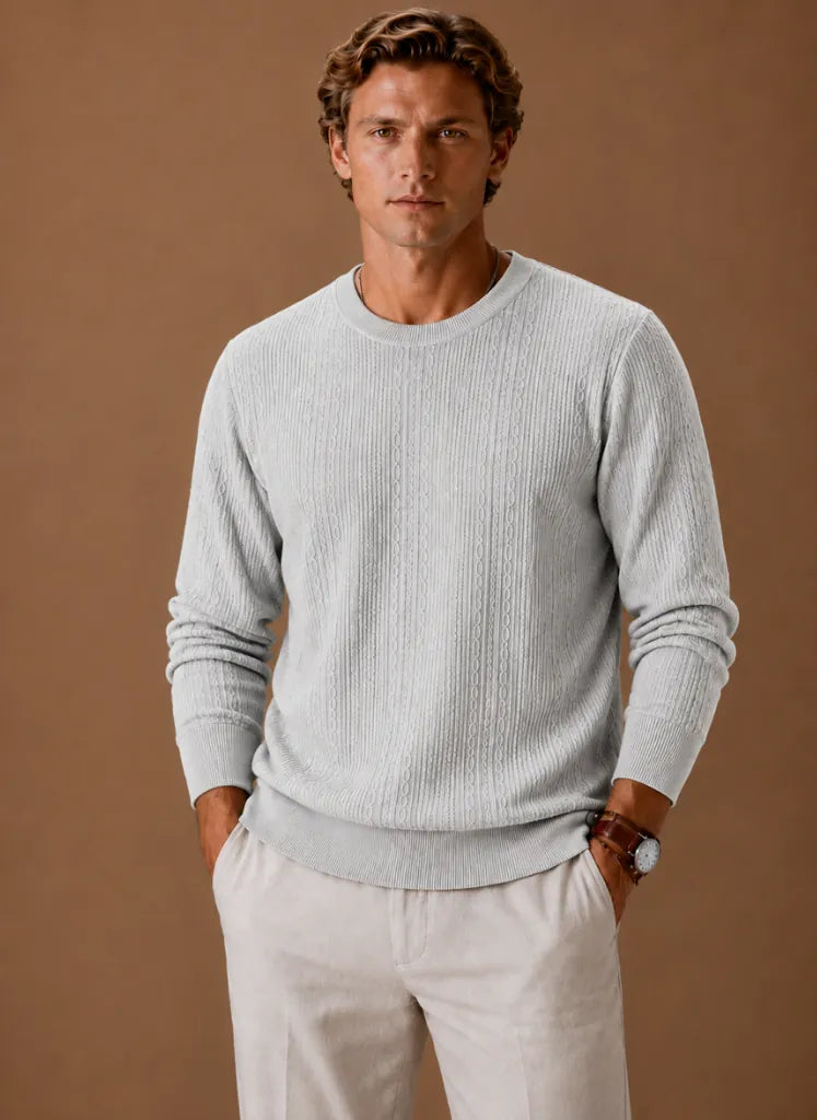 Textured Crew Neck Cable Knit Pullover for Men
