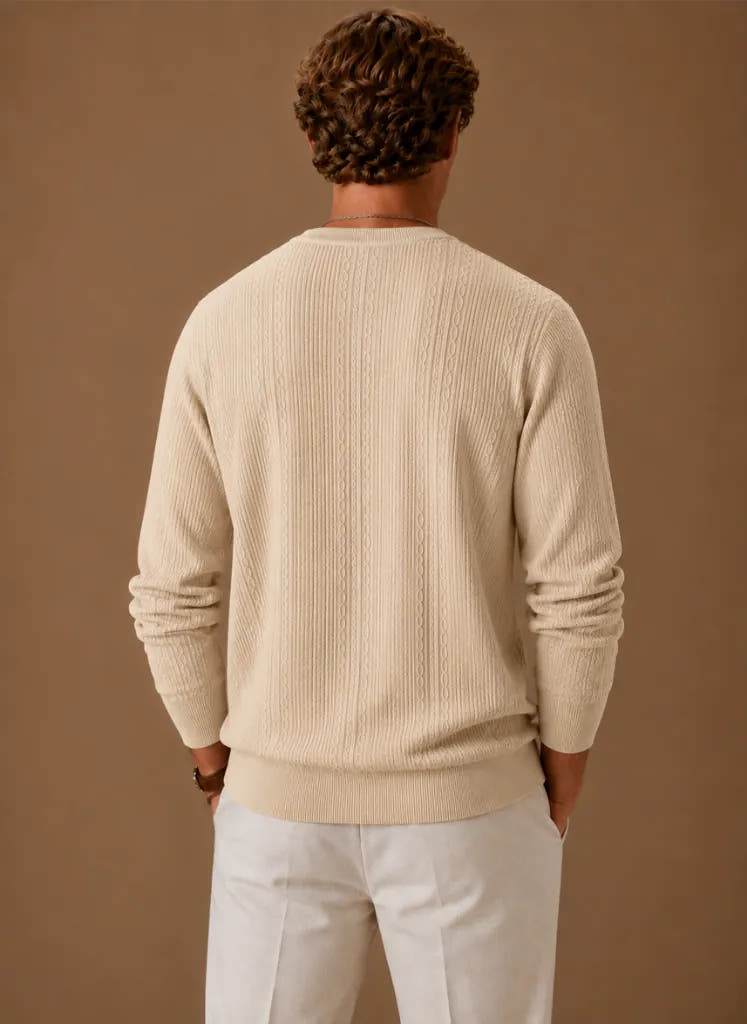 Textured Crew Neck Cable Knit Pullover for Men
