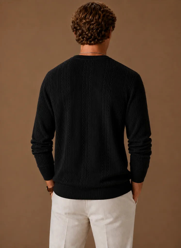 Textured Crew Neck Cable Knit Pullover for Men