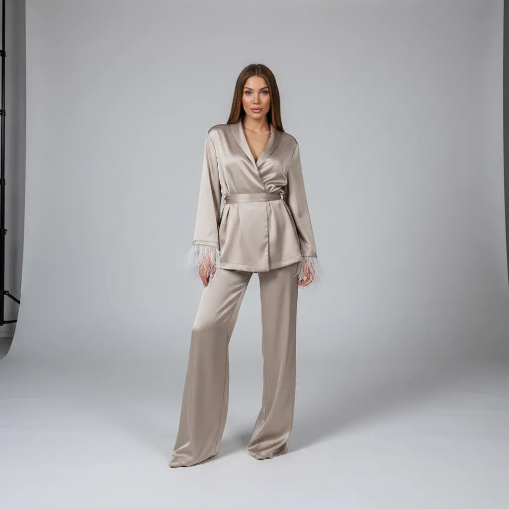 Tullia | Women's Satin Feather-Trim Pyjama Set