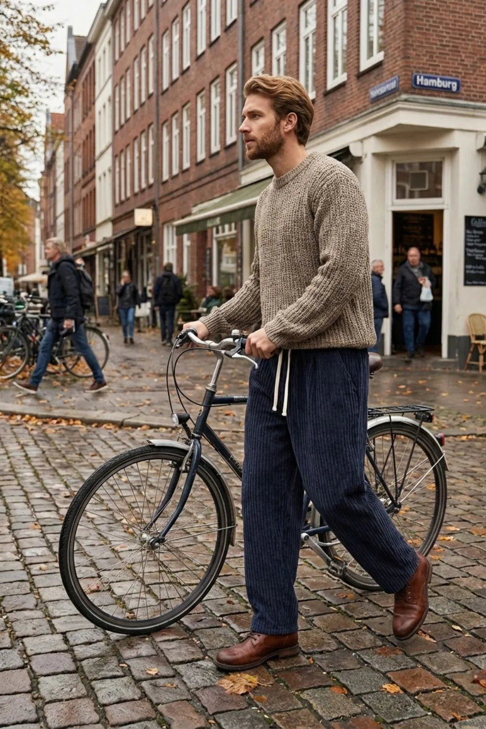 Wide Leg Cord Trousers with Drawstring Waist for Men