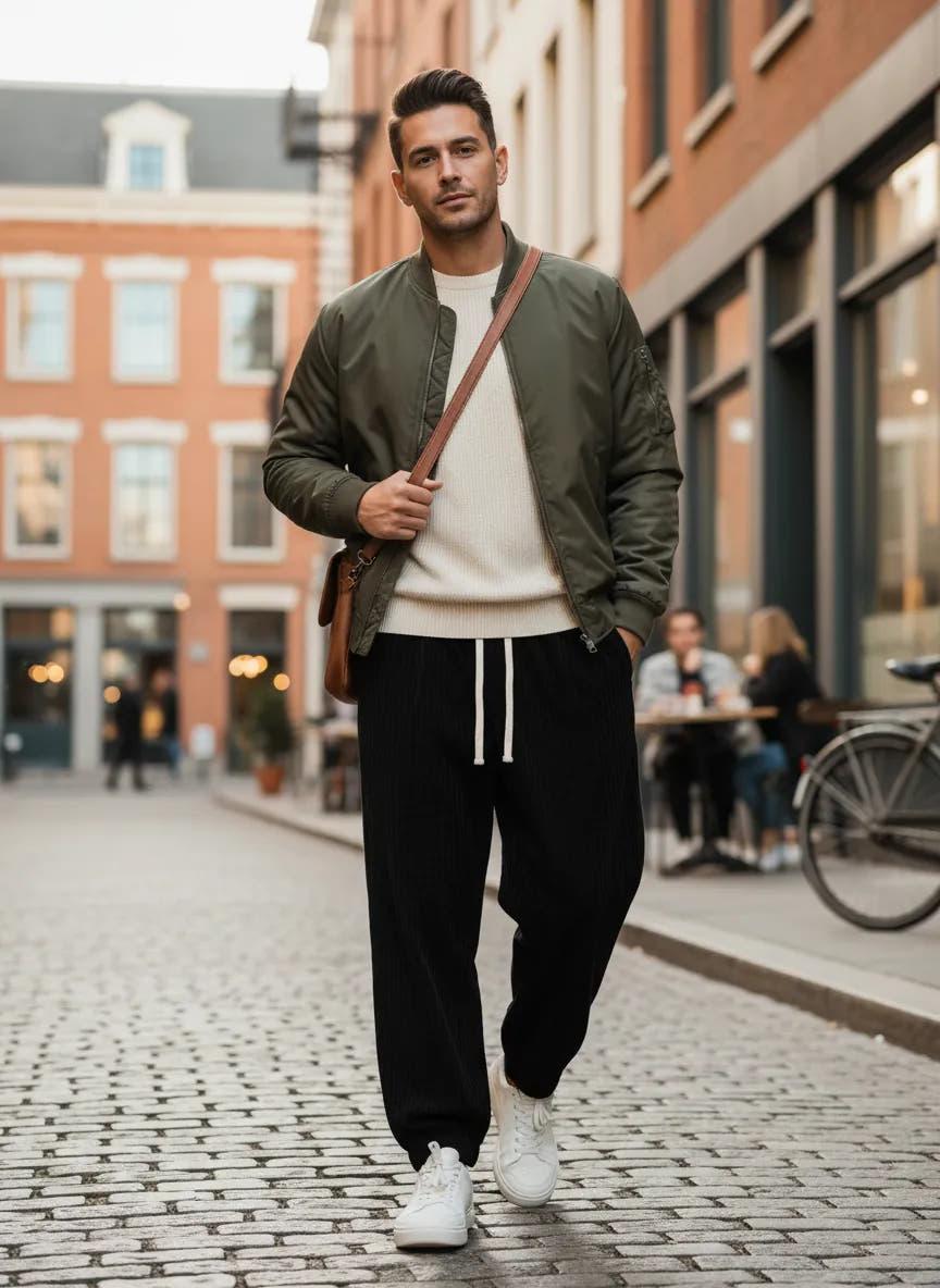 Wide Leg Cord Trousers with Drawstring Waist for Men
