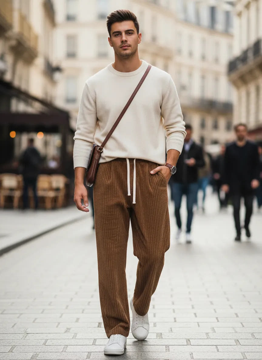 Wide Leg Cord Trousers with Drawstring Waist for Men