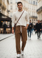Wide Leg Cord Trousers with Drawstring Waist for Men